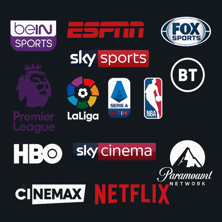 Logos de chaînes de sport et de films – beIN Sports, ESPN, HBO, Netflix, Sky Sports, Premier League, NBA